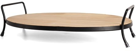 LINHOME Bandeja Ovalada de Madera Natural con Base y Asas de Metal Negro, Bandeja Servidora Multiusos para Desayuno, Té, Decoración de Cocina, Comedor y Salón,33 x 8 x 20 cm,RS02206