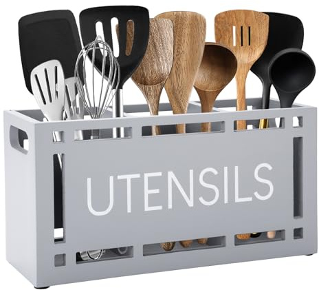 Karisky Utensil Holder for Kitchen Counter, Large 3 Compartments Solid Real Wood Utensil Caddy Organizer with 4 Non-Slip Pads, Rectangular Cooking Tools Storage for Countertop, Grey