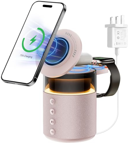 3 in 1 Wireless Charging Station with Bluetooth Speaker & Night Light for iPhone 17/16/15/14/13/12 Apple Watch AirPods, Magnetic Bedside Charging Dock with UK Adapter, Fast Charging Stand
