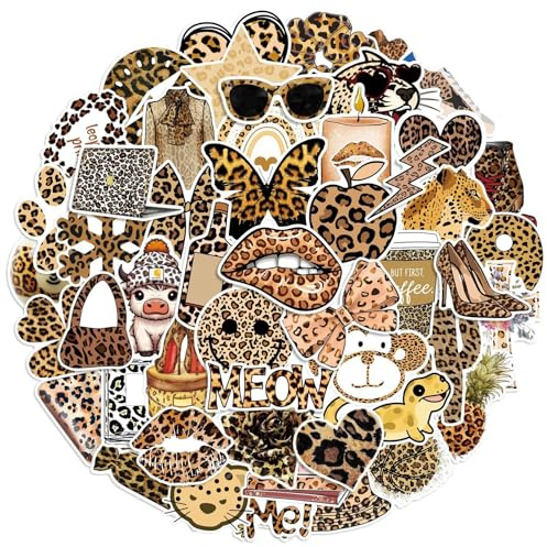 50 Pcs Leopard Stickers Laptop Car Scrapbook Phone Skateboard Suitcase Luggage Bike Leopard Vinyl Waterproof Aesthetic Personalised Stickers for Teens Boys Girls Adults