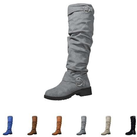 Botas de vaquero para mujer, de ante alto, hasta la rodilla, con plataforma, con hebilla, botas largas, botas de equitación, retro, tacón de bloque, suela de perfil, botas de invierno, gris, 41 EU