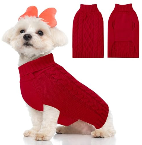 SlowTon Hundepullover kleine Hunde, Hundepullover Rollkragen Haustier Pullover Hund Kleidung für kleine mittelgroße Hunde, Winter Hundepulli Strickpullover mit Leinenöffnung für Dackel (Rot, XXL)
