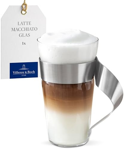Villeroy & Boch - NewWave Latte-Macchiato-Glas 300 ml Klar, Spülmaschinenfest, Becher mit Henkel, Glas für Latte Macchiato, Cappuccino oder Eiskaffee, Kaffeeglas, Trinkglas, Borosilikatglas, Edelstahl