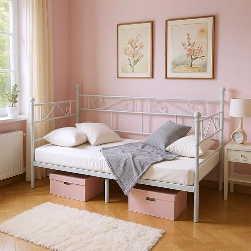 Songvas Sofá Cama 90x190 cm, Estructura de Cama Individual de Metal, somier con Patas, Cama Individual, Apto para Salón, Dormitorio o Balcón, Blanco