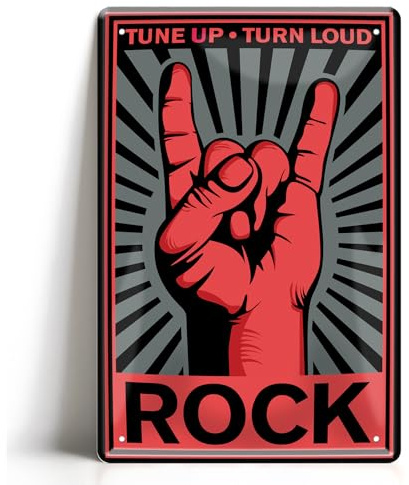 Tune Up Turn Loud ROCK Blechschild 20x30cm - Devil Horns Metallschild - Vintage Musik Wanddeko - Rock'n'Roll Wandschild - Retro Metal Fan Geschenk