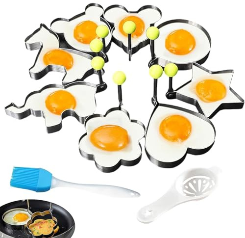 Stainless Steel Fried Egg Shaper Pancake Mold, 8 Pcs Omelette Molds, 8 Shapes Non-Stick Omelet Form Maker with Handle for Sandwich Burgers Pancake