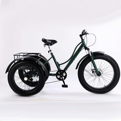 BoluDukNN 24-Zoll-Mountain-Dreirad Für Erwachsene, 7-Gang-Dreirad, Fat Tire-Dreirad Für Erwachsene, Rahmen Aus Kohlenstoffstahl, Großer Korb/Verstellbarer Sitz Green