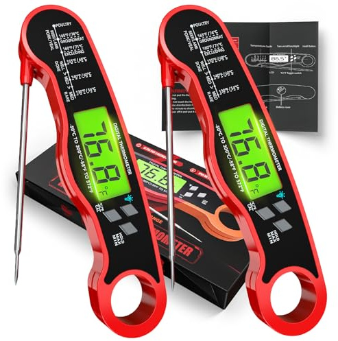 2 Pack Ultra-Fast Instant Read Meat Thermometer with Backlight - Waterproof Digital Food Probe for Grilling, Cooking, Baking & Candy Making - Kitchen & BBQ Essential(Red)