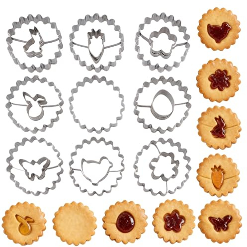 9PCS Easter Biscuit Cutters Set, Mini Cookie Cutters for Easter Baking, Fluted Round Biscuit Cutter, Food-Grade 304 Stainless Steel Hollow Moulds with Egg, Bunny Shapes