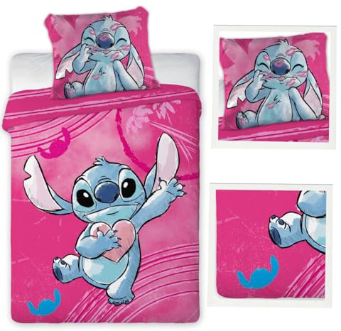 Disney Lilo & Stitch Herz Kinder Babybettwäsche 100x135 cm – Pink Wende-Bettbezug aus Baumwolle