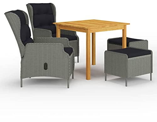 Kaloriko 5-TLG. Garten-Essgruppe Hellgrau, Akazienholz Esstisch, verstellbare Rattan Sessel & Hocker, Bequeme Kissen, für Terrasse, Balkon, Outdoor