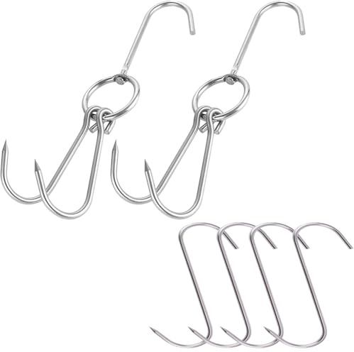 2 ganchos dobles de acero inoxidable para asar pato + 4 ganchos en S de 5 pulgadas para tocino, jamón, procesamiento de carnicero, ganchos para colgar secado, barbacoa, barbacoa, cocina, ahumador