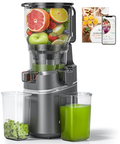 AMZCHEF Extractor de jugo automático con manos libres, apertura de 150 mm y capacidad de 2 l, extractor de zumo de frutas y verduras enteras, extractor de jugo lento de 250 W con triple filtro, gris