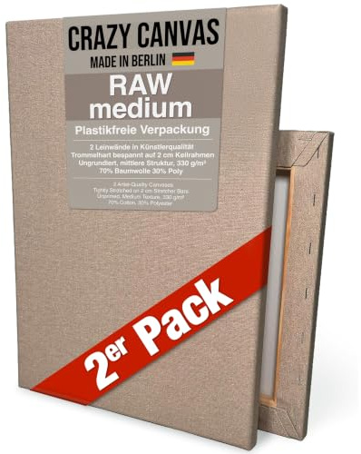 CRAZY CANVAS Leinwand zum Bemalen RAW Medium 60x80 cm, 2er Pack | Ungrundierte Leinwand auf Keilrahmen - mittlere Struktur, Leinenoptik, 330 g/m² - Premium Kunstbedarf Made in Berlin