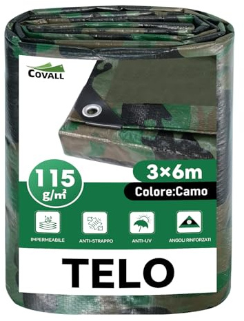 COVALL Lona Impermeable Exterior 3x6 m– 115g/m², Camuflaje Verde, con Ojales de Acero, Resistente al Desgarro, Lona Protectora Resistente a Intemperie y a Rayos UV, para Jardín, Piscina y Remolque