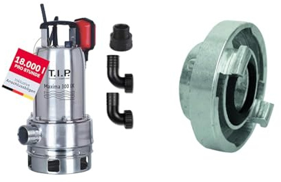 T.I.P. Maxima 300 IX Schmutzwasser Tauchpumpe Edelstahl 18000l/h 700W 30mm Vortex Schwimmerschalter Thermoschutz + C52 Storz Kupplung 1,5 IG 45,48mm Silber 31094 + 21m Nylon Ablassseil 30912