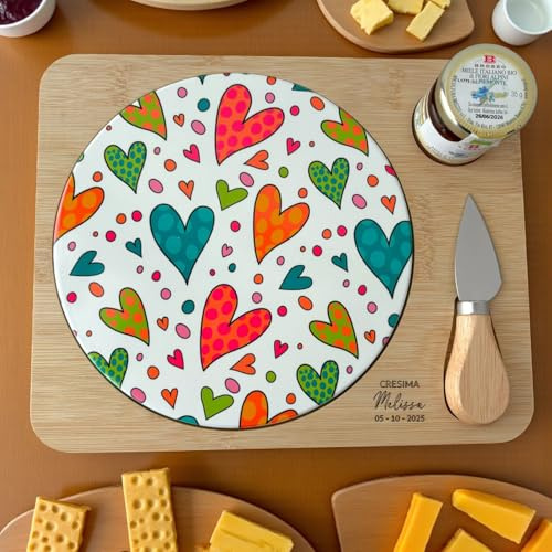 Ingrosso e Risparmio Bomboniera Matrimonio 1 pz Sottopentola Tagliere in Legno Bamboo e Mattonella Tonda in Ceramica Fantasia Cuori Colorati Personalizzabile Idea Anniversario Accessori Cucina Stile