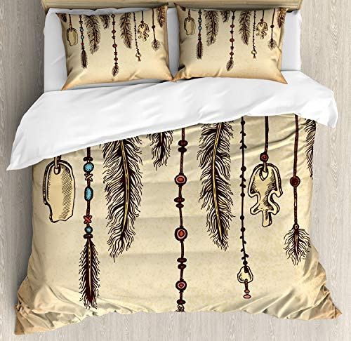 Ambesonne Tribal Duvet Cover Set, Bohemian Hair Accessories with Bird Feathers Beads on String Sketch Digital Print, Decorative 3 Piece Bedding Set with 2 Pillow Shams, Queen Size, Camel Brown