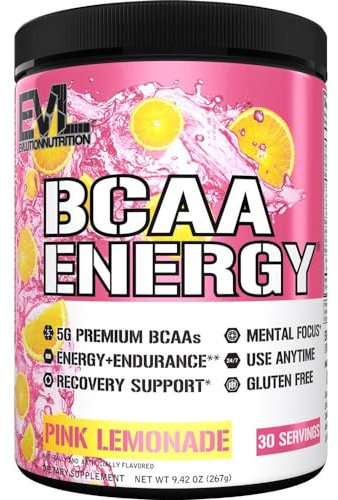 Evlution Nutrition BCAA Energy - Essential BCAA Amino Acids, Vitamin C & Natural Energizers for Performance, Immune Support, Muscle Building, Recovery, B Vitamins, Pre Workout, 30 Serve, Pink Lemonade