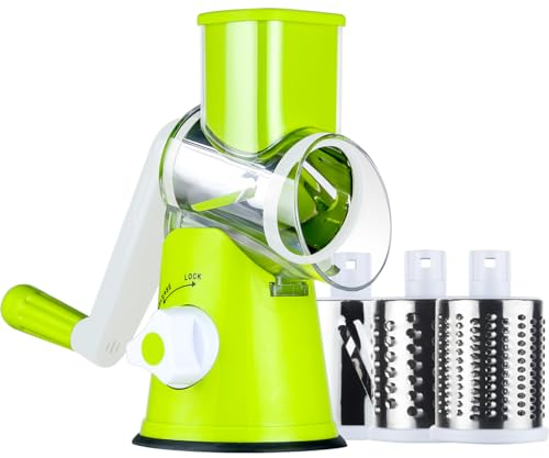 Ourokhome Rotary Cheese Grater Slicer- Vegetable Mandoline Slicer with 3 Interchangeable Ultra Sharp Cylinders Stainless Steel Blades（Green）