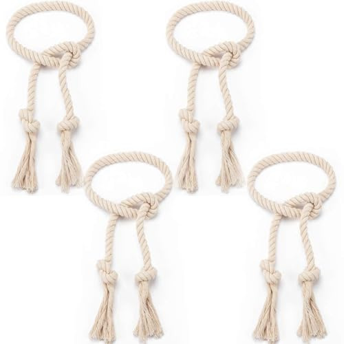 4 Pcs Hand Woven Curtain Tiebacks No Drilling - Boho Drape Holdbacks Rope for Black Blue Light Color Curtains, Decorative Ties for Outdoor Yard Garden Farmhouse Drapery, Beige