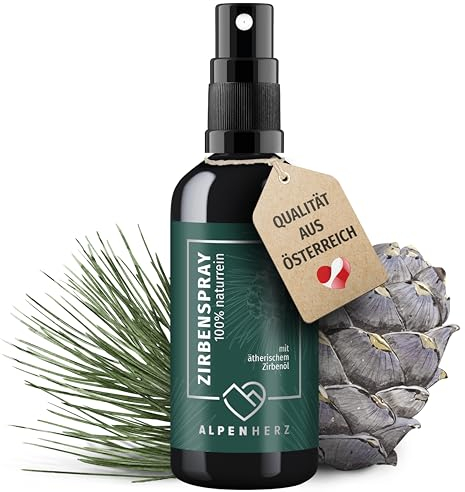 Alpenherz Zirbenspray - 100 ml naturrein mit ätherischem Zirbenöl - Bett Duftspray für einen schönen Kissenduft - Zirbenwald Spray für Auto, Kopfkissen, Bettspray, Raumduft oder auch Raumspray