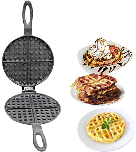 Vintage Gourmet ® Authentic Pre-Seasoned Cast Iron Round Waffle Maker -17cm Dia Traditional 2 part - Oven Safe breakfast gadget is like a panini press, mini grill, and toaster oven all rolled into one