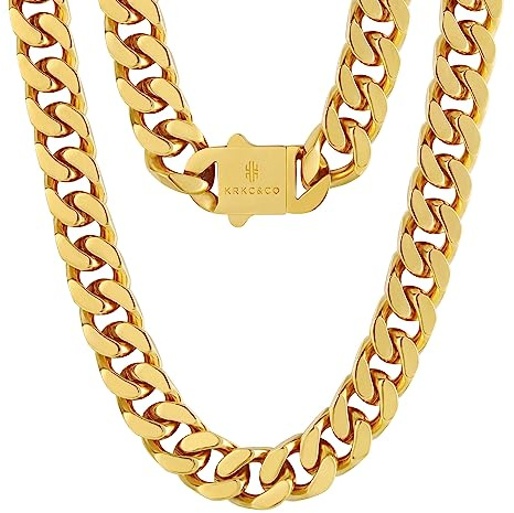 KRKC&CO 14mm Panzerkette, 18K Gold plattiert Cuban Link Chain, Edelstahl Panzerkette Herren Gold Kubanische Gliederkette, Herren Goldketten Hip Hop Kette für Männer Jungen Größe 66cm