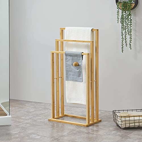 [en.casa] Porte-Serviettes sur Pied Meuble de Salle de Bain avec 3 Barres Bambou 40 x 24 x 82 cm Naturel