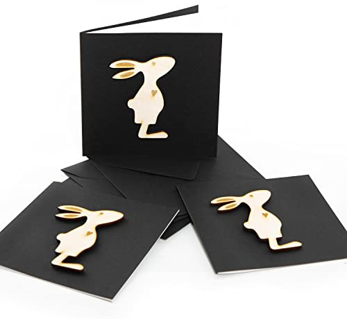 Logbuch-Verlag 3 Ostergrußkarten schwarz-weiß mit einem Holz Osterhasen Klappkarten Ostern MIT UMSCHLAG quadratisch 15 x 15 cm