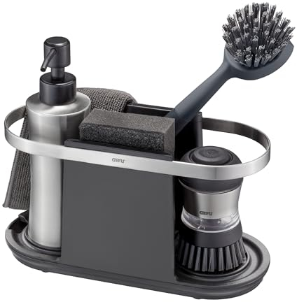 GEFU SMARTLINE Küchen Organizer aus Edelstahl - Spülbecken-Ordnungssystem mit Abtropfschale & Belüftung - Spülutensilien Halter 24x10x13cm für Schwamm, Bürste & Tuch