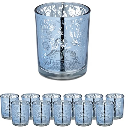 Relaxdays Teelichtgläser, 12er Set, Teelichthalter aus Glas, florales Motiv, HD: 8,5 x 7 cm, verspiegelt, Deko, silber