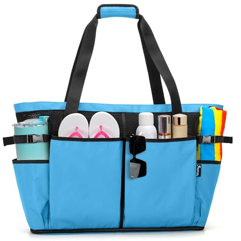 Fasrom Extra Große Netz Strandtasche mit Reißverschluss | Reißverschluss Unten für Sand, 6 Außentaschen, Nass/Trenn Tasche, Gepolsterte Träger, Übergroße Strandtasche für Ausflug