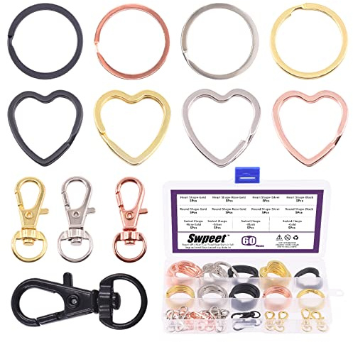Swpeet 60Pcs Forme Ronde et Coeur 4 Couleurs Porte-clés Anneaux O Anneaux avec Métal Pivotant Lobster Claw Claw Claw Kit Assortiment, Flat Keychain Anneaux Métal Split Key Anneaux Jump Ring Cuir