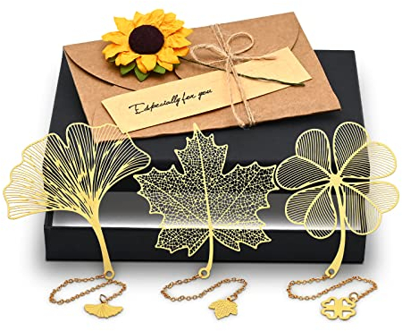 Eucomir Metall Lesezeichen Anhänger Lesezeichen, 3 teiliges Lesezeichen in Blatt und Blumenform, Spezielles Lesezeichen Set ist ein Praktisches und Kreatives Geschenk für Freunde,Gold