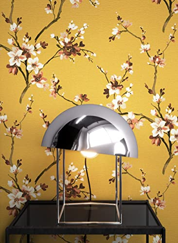 Newroom Design Tapete Gelb Vliestapete Blumen - Blumentapete Floral Blätter Zweige Romantisch inkl. Tapezier-Ratgeber