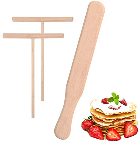 Heveer Spatola per Crêpes Distributore di Crêpes con Spatola in Legno Strumento da Cucina per Crepes Frittella Omelette 3 Pezzi