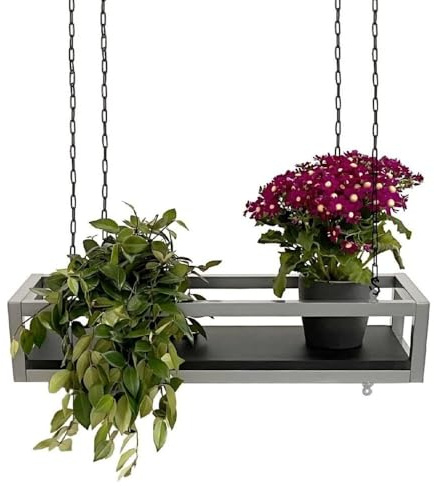 yelloo - Pflanzenregal Indoor Outdoor, Balkon Deko, Blumenständer Metall Hängendes Regal mit Ketten für Garten, Ideal zum Pflanzgefäßes im Freien (FLOWERS 75 cm, Grau/Schwarz)