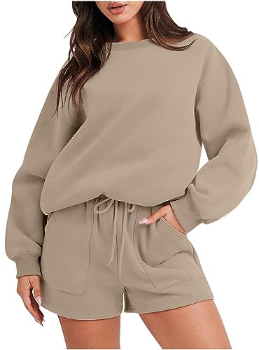 HAOLEI Tracksuit Womens Full Set Shorts 2 Piece Outfits Set Plain Pullover Sweatshirts and Shorts Joggers Loose Fit Activewear Sweat Pants Casual Sports Sweatsuit Lounge Wear Sets UK