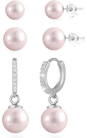 Örhängen pärlsats, 3 par silver 925 bågeörhängen med pärlorhängen rosa pärlörhängen små kvinnors tjejer silver 925 örhängen hängande rosa pärlor små bågeörhängen zirkon örhängen pärlor