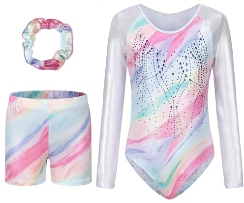 SEAUR Mädchen Turnshorts Turnanzug Haarband Set Kinder Turnen Shorts Trikot Gymnastik Langarm Gymnastikanzug Tanzen Kleidung 9-10 Jahre