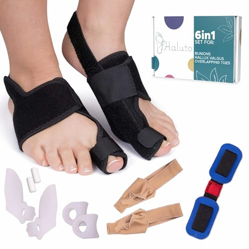 Haluto 6in1 SET Hallux Valgus Korrektur - Hallux Valgus Schiene - Hallux Valgus Bandage - Zehenspreizer Hallux Valgus mit Ballenschutz - Hallux Valgus Socken - Hallux Valgus Gürtel Training Band