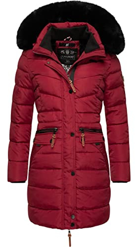 Navahoo Damen Wintermantel warmer Steppmantel lang mit abnehmbarer Kunstfell-Kapuze Paula Dark Red with black fur Gr. M