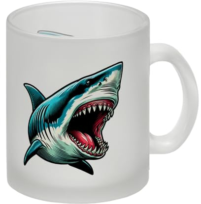 Weißer Hai Comic Glas Tasse Raubfisch Tasse mit Maul weit aufgerissen Zähne gefährlich gezeigt Meeresbewohner-Motiv