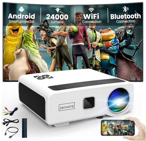 Zenwire e660h Projecteur LED Projecteur Home Cinéma avec Android Smart TV, WiFi avec Bluetooth Support 2X HDMI/2x USB/Ethernet/Audio 24000 LM pour Windows Android Linux iOS