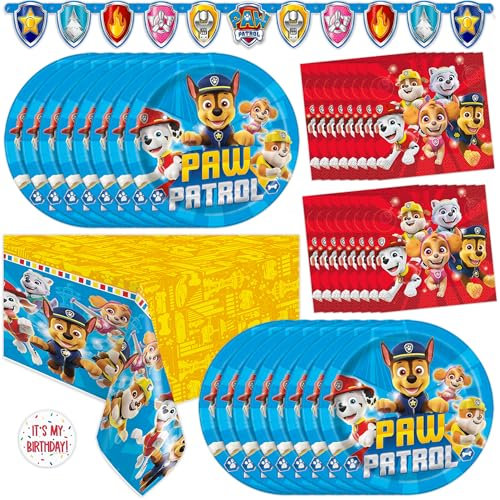 Décorations d'anniversaire Pat' Patrouille | Pour 16 personnes | Bannière d'anniversaire Pat' Patrouille, nappe, assiettes et serviettes de table Paw Patrol | Décorations de fête Paw Patrol