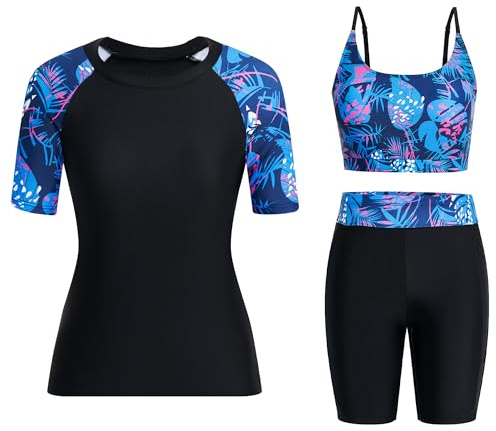 Owntop Damen 3-teiliger Rash Guard | UPF50+ UV Shirt | Kurzarm Rashguard-Shirts & Bikini Top & Hochtaillierte Boyshorts | Schnelltrocknend Badebekleidung Badeanzüge | Schwimmen Surfen | Rot L