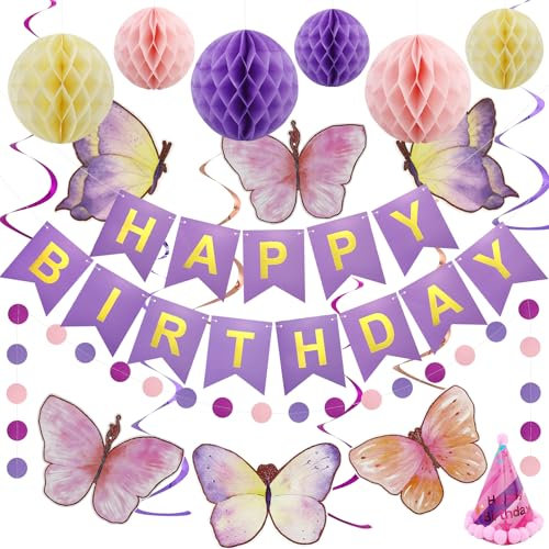 Decoración de cumpleaños, bandera morada de feliz cumpleaños con bola de panal, mariposas colgantes remolinos serpentinas, guirnalda de puntos de círculo, decoración de fiesta de cumpleaños para