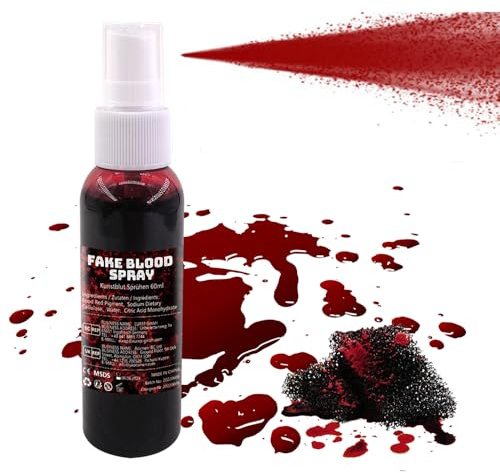 Halloween Kunstblut Schminke Set , 60ml Blut Kunstblut Spray Fake Blood Spray, 2 Schwamm, Auswaschbar für Kleidung und Haut, Kunst Blut für Halloween, Karneval, Simulierte Wunden, SFX