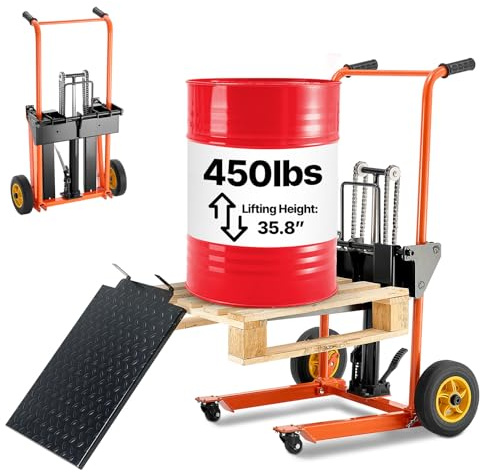 VEVOR Apilador Hidráulico con Cabrestante, Capacidad de Carga de 205 kg Transpaleta con Mesa Elevadora Altura Máxima de Elevación de 90 cm, Carrito de Mesa Plegable y Portátil, Amarillo y Negro
